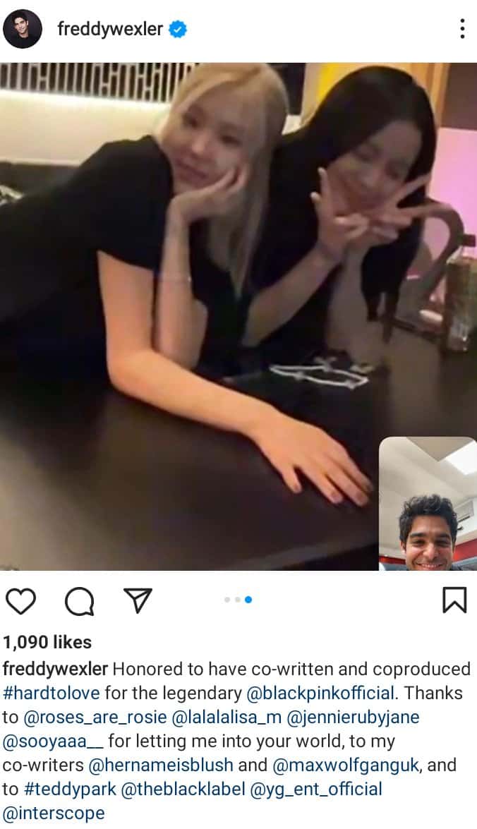 Fred Wexler shares a screenshot of his video call with two of four Blackpink members while working on 'Hard To Love' (@freddywexler/Instagram)
