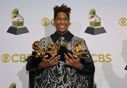 Jon Batiste winner of best American roots performance, best American roots song, best music video and best score soundtrack for visual media poses in the winners photo room during the 64th Annual GRAMMY Awards at MGM Grand Garden Arena on April 03, 2022 in Las Vegas, Nevada.