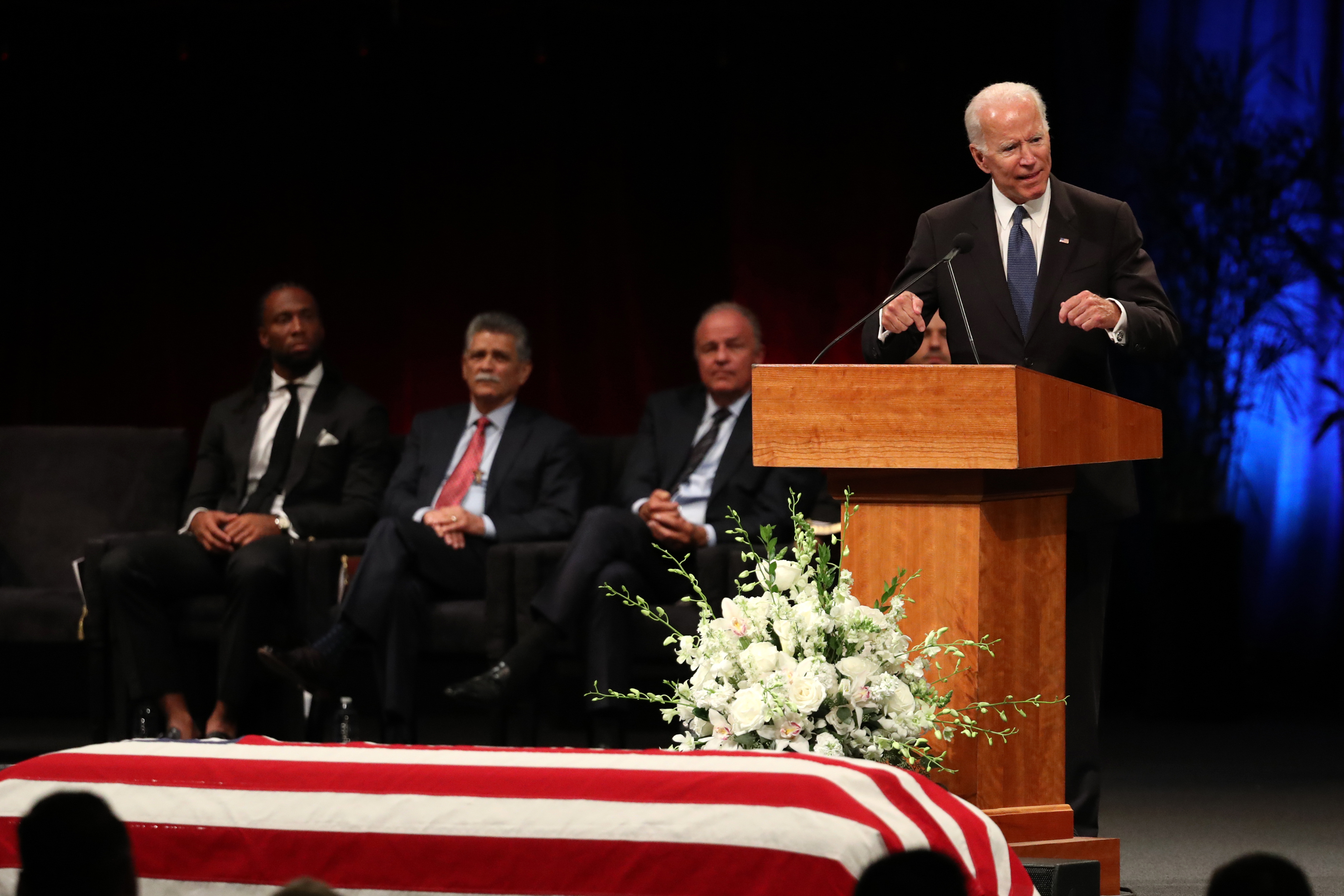 Former U.S. Vice President Joe Biden speaks during a memorial service to celebrate the life of of U.S. Sen. John McCain at the North Phoenix Baptist Church on August 30, 2018 in Phoenix, Arizona. Thousands are expected for the memorial which will include tributes and readings for the late senator who died August 25 at the age of 81 after a long battle with Glioblastoma, a form of brain cancer.