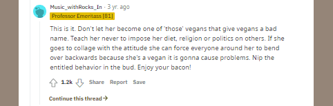 One of the replies to the father's post about vegan daughter (Photo credit screenshot Reddit)