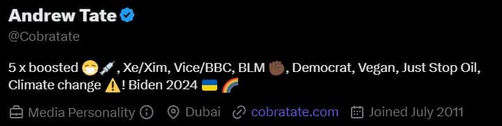 Andrew Tate's Twitter bio (cobratate/Twitter)