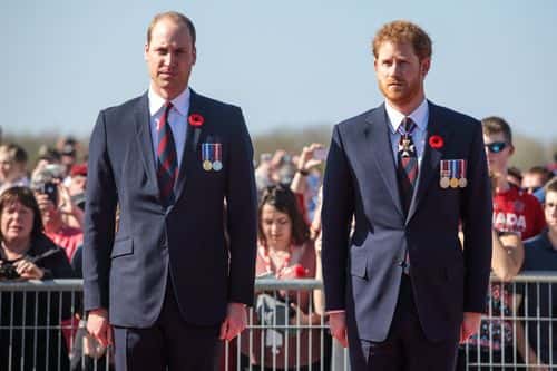 (L-R) Prince William, Duke of Cambridge and Prince Harry arrive at the Canadian National Vimy Memorial on April 9, 2017 in Vimy, France. The Prince of Wales, The Duke of Cambridge and Prince Harry along with Canadian Prime Minister Justin Trudeau and French President Francois Hollande attend the centenary commemorative service at the Canadian National Vimy Memorial. The Battle Of Vimy Ridge was fought during WW1 as part of the initial phase of the Battle of Arras. Although British-led it was mostly fought by the Canadian Corps. (Photo by Jack Taylor/Getty Images)