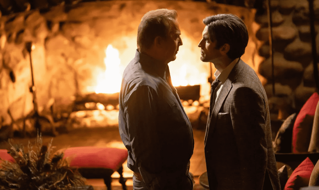 Kevin Costner (John Dutton) and Wes Bentley (Jamie) in 'Yellowstone' Season 4 (Paramount)