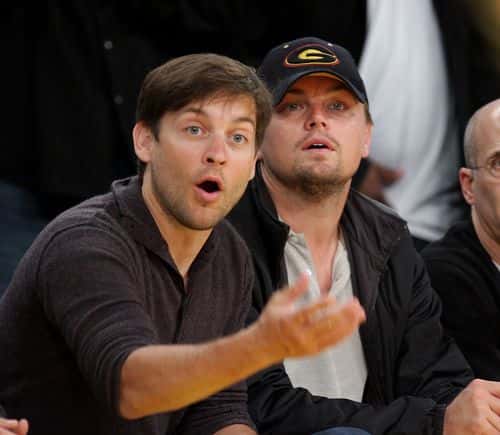 Leonardo DiCaprio (R) and Tobey Maguire (L) attend the Los Angeles Lakers vs Utah game at Staples Center on April 27, 2009 in Los Angeles, California.
