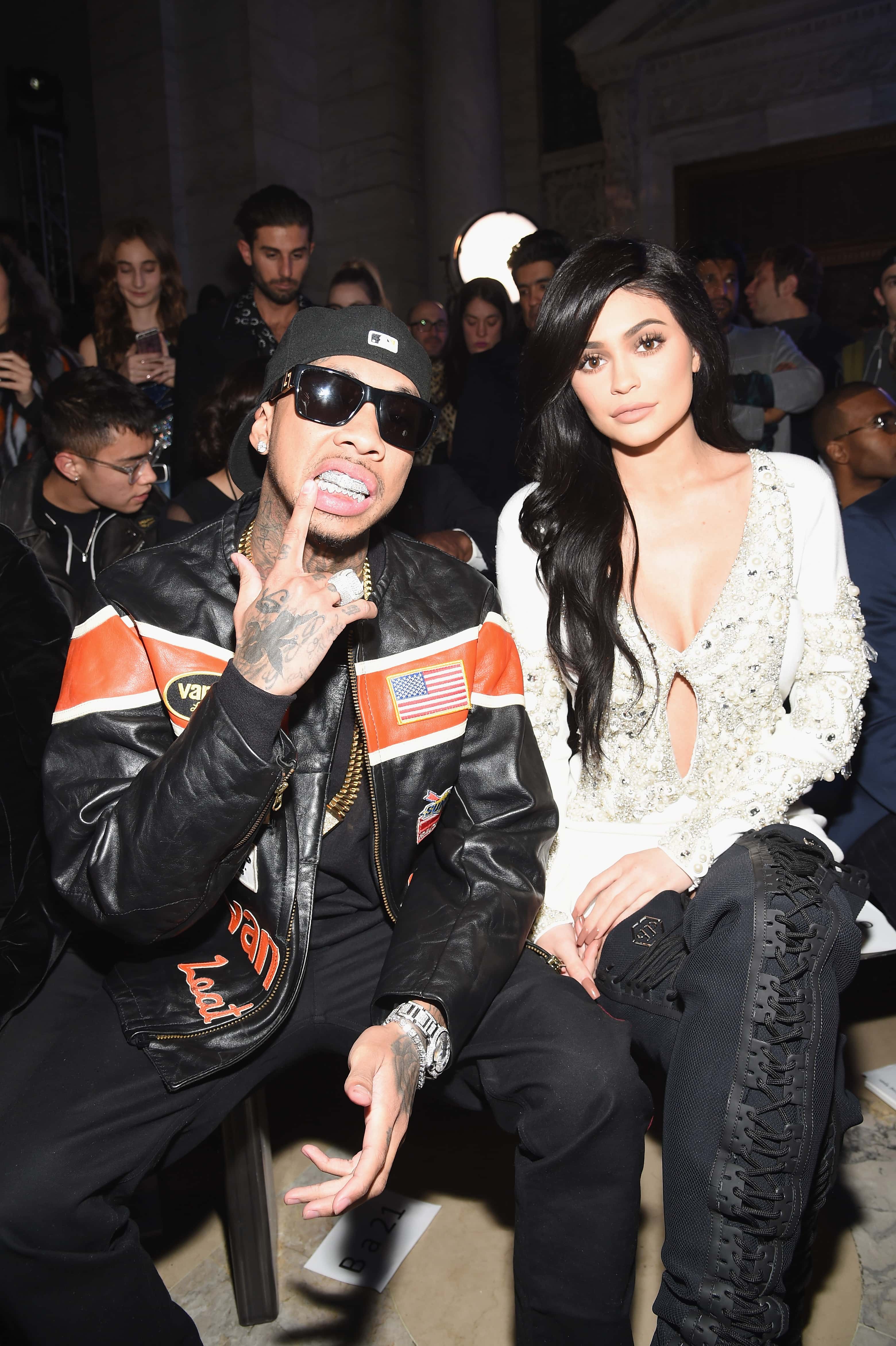 Tyga and Kylie Jenner attend the Front Row for the Philipp Plein Fall/Winter 2017/2018 Women's And Men's Fashion Show at The New York Public Library on February 13, 2017 in New York City.