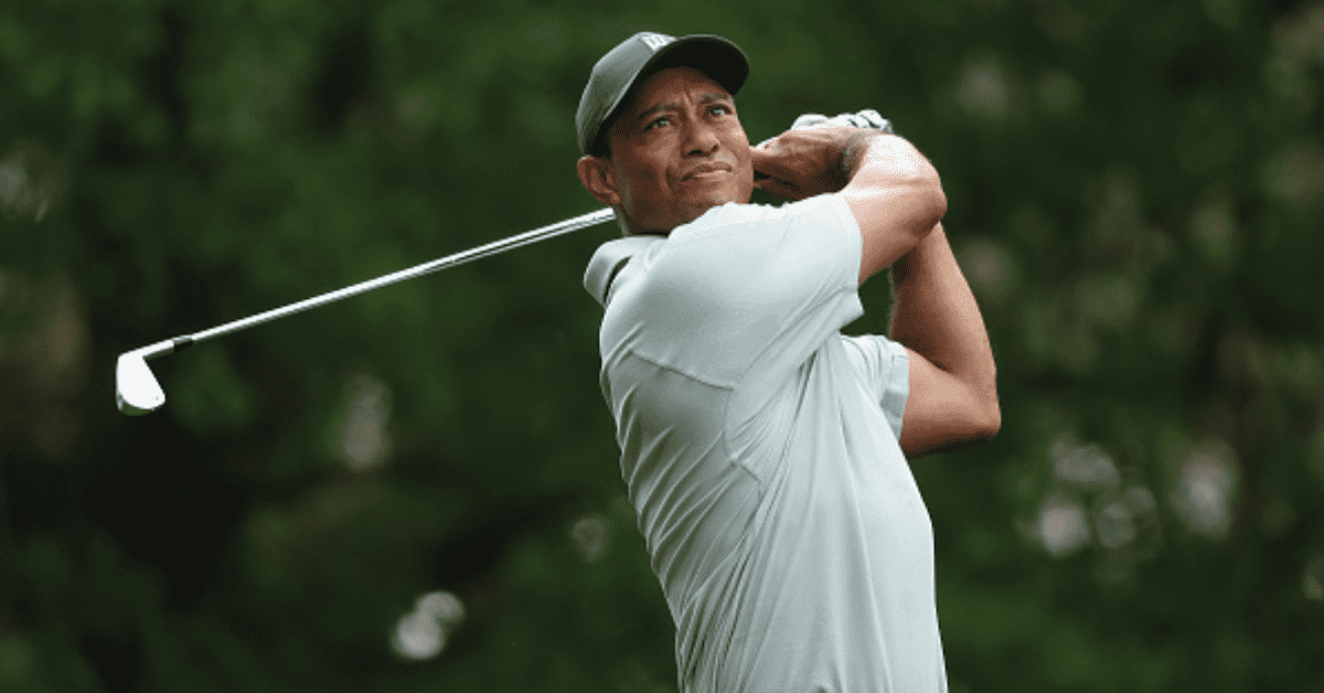 AUGUSTA, GEORGIA - APRIL 04: Tiger Woods of the United States plays his shot from the fourth tee during a practice round prior to the 2023 Masters Tournament at Augusta National Golf Club on April 04, 2023 in Augusta, Georgia. (Patrick Smith/Getty Images)