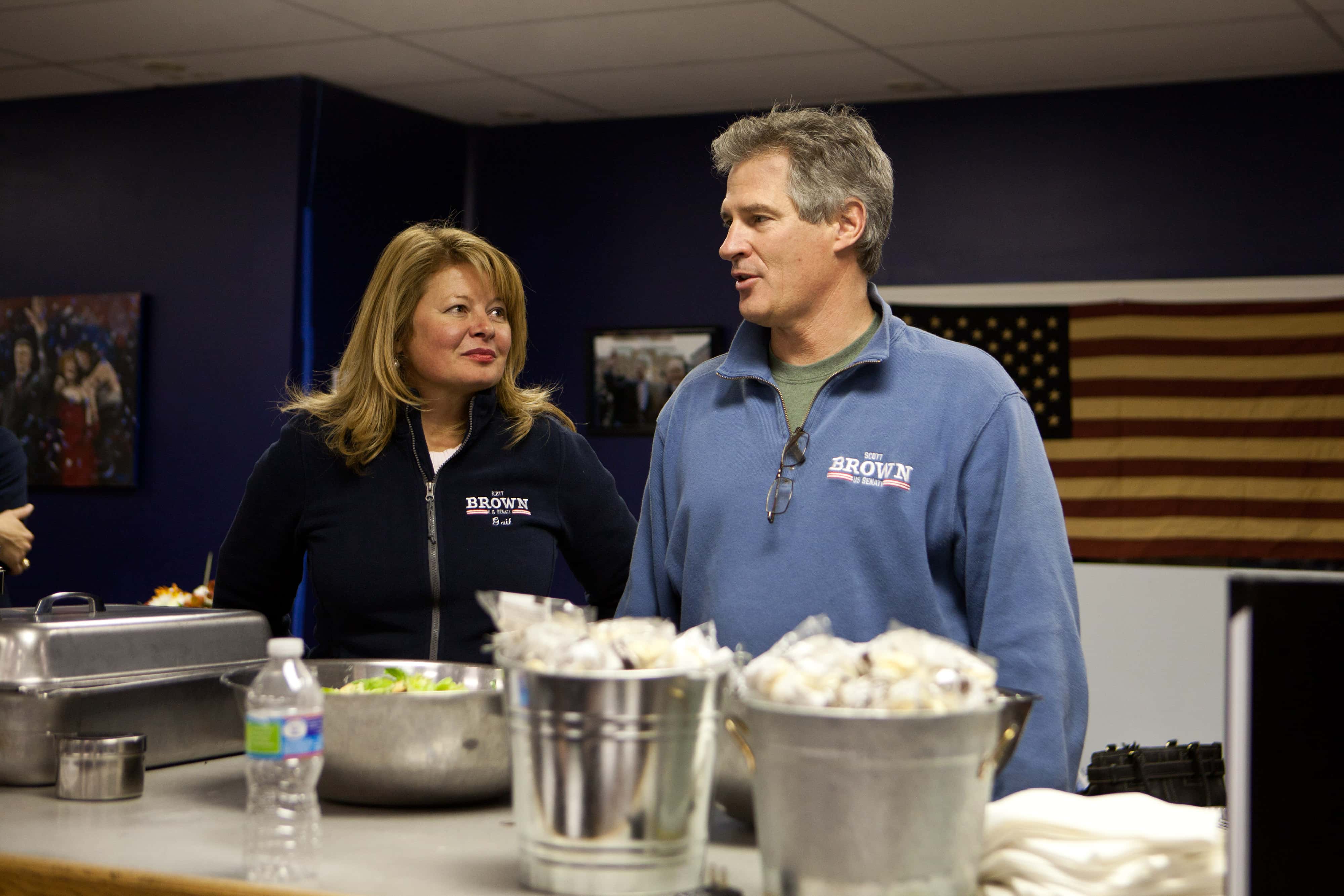 MANCHESTER, NH - NOVEMBER 4: Republican Senate candidate Scott Brown (right) and wife Gail Huff greet supporters at the Manchester, NH GOP Victory office on November 4, 2014 in Manchester, New Hampshire. Brown is running in a tight race against opponent U.S. Sen. Jeanne Shaheen (D-NH). (Photo by Kayana Szymczak/Getty Images)
