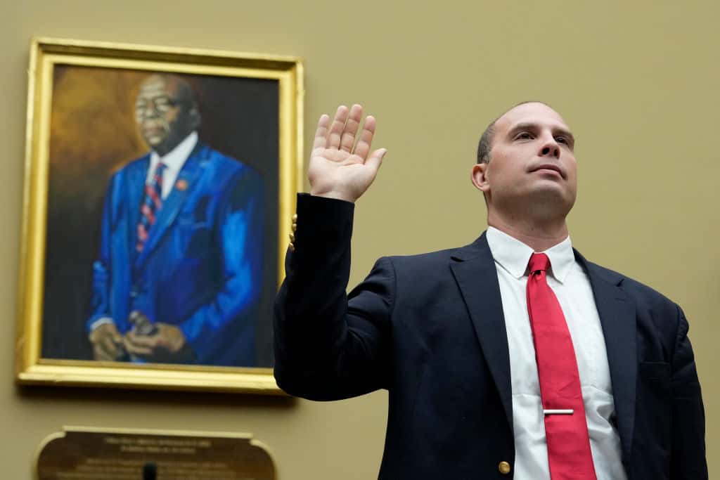 WASHINGTON, DC - JULY 26: David Grusch, former National Reconnaissance Officer Representative of Unidentified Anomalous Phenomena Task Force at the U.S. Department of Defense, is sworn-in during a House Oversight Committee hearing titled “Unidentified Anomalous Phenomena: Implications on National Security, Public Safety, and Government Transparency” on Capitol Hill, July 26, 2023 in Washington, DC. Several witnesses are testifying about their experience with possible UFO encounters and discussion about a potential covert government program concerning debris from crashed, non-human origin spacecraft. (Photo by Drew Angerer/Getty Images)