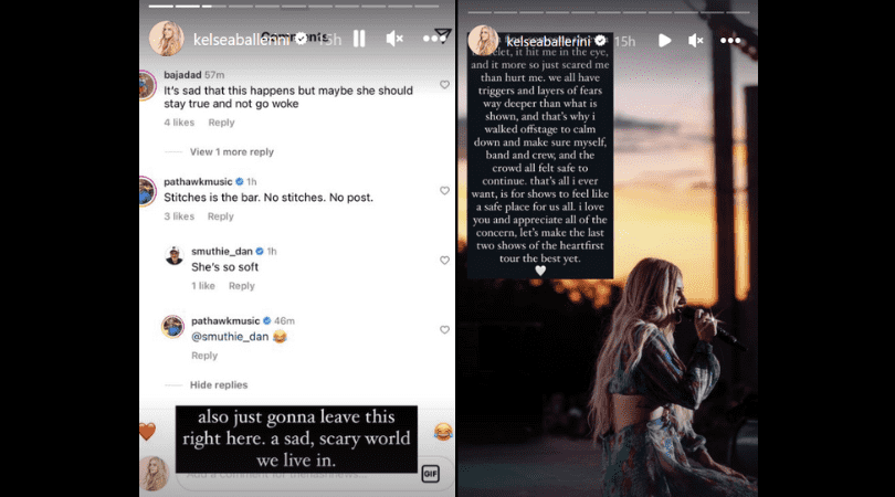 'That's why I walked offstage to calm down and make sure myself, band and crew, and the crowd all felt safe to continue'(@kelseaballerini/Instagram)
