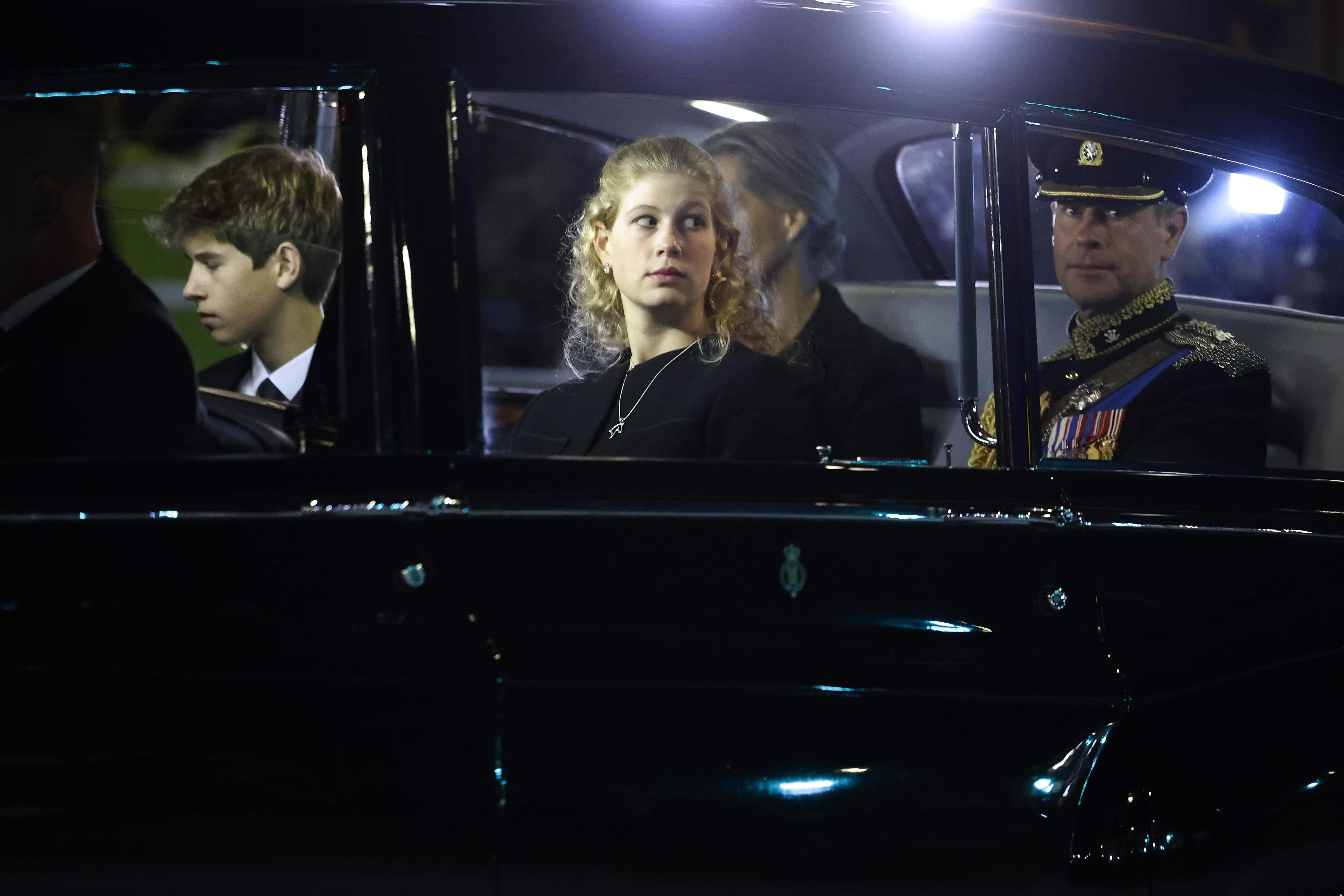 Prince Edward, Earl of Wessex (R) and his family (L-R) James Alexander Philip Theo Mountbatten-Windsor, Lady Louise Windsor and Sophie, Countess of Wessex, depart following the Vigil of the Princes, where Edward and his siblings stood watch at their mother Queen Elizabeth II's casket at Westminster Hall on September 16, 2022 in London, England. (Photo by Chip Somodevilla/Getty Images)