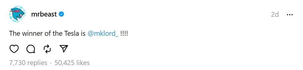 MrBeast's post announcing the winner (@mrbeast/Threads)