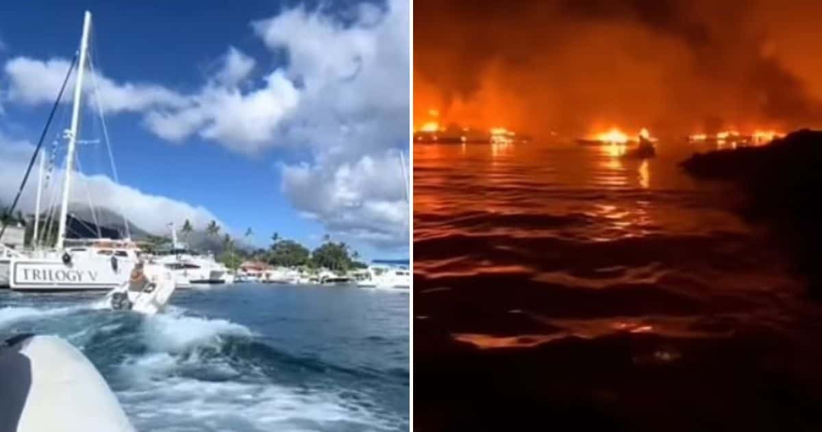 Another&nbsp;TikTok user Pettypurvis&nbsp;released a video showing people boating joyfully before cutting to the same body of water engulfed in flames (TikTok)