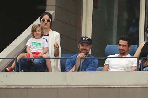 Actors Olivia Wilde and Jason Sudeikis look on with son Otis and actor James Franco during the Men's Quarterfinal match between Pablo Carreno Busta of Spain and Diego Schwartzman of Argentina on Day Nine of the 2017 US Open at the USTA Billie Jean King National Tennis Center on September 5, 2017 in the Flushing neighborhood of the Queens borough of New York City.