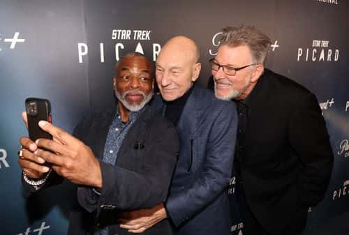 (L-R) LeVar Burton, Patrick Stewart and Jonathan Frakes attend the IMAX 