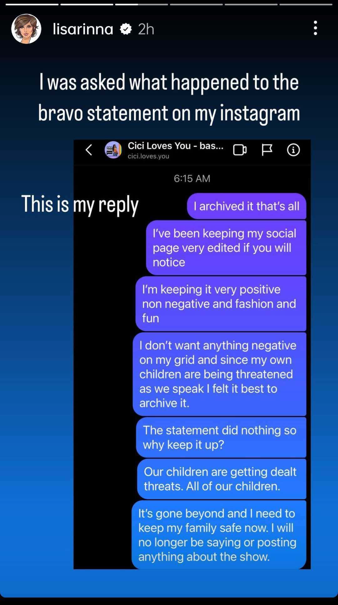 Screenshot of Lisa Ring's response to fans (Lisa Rinna/ Instagram)