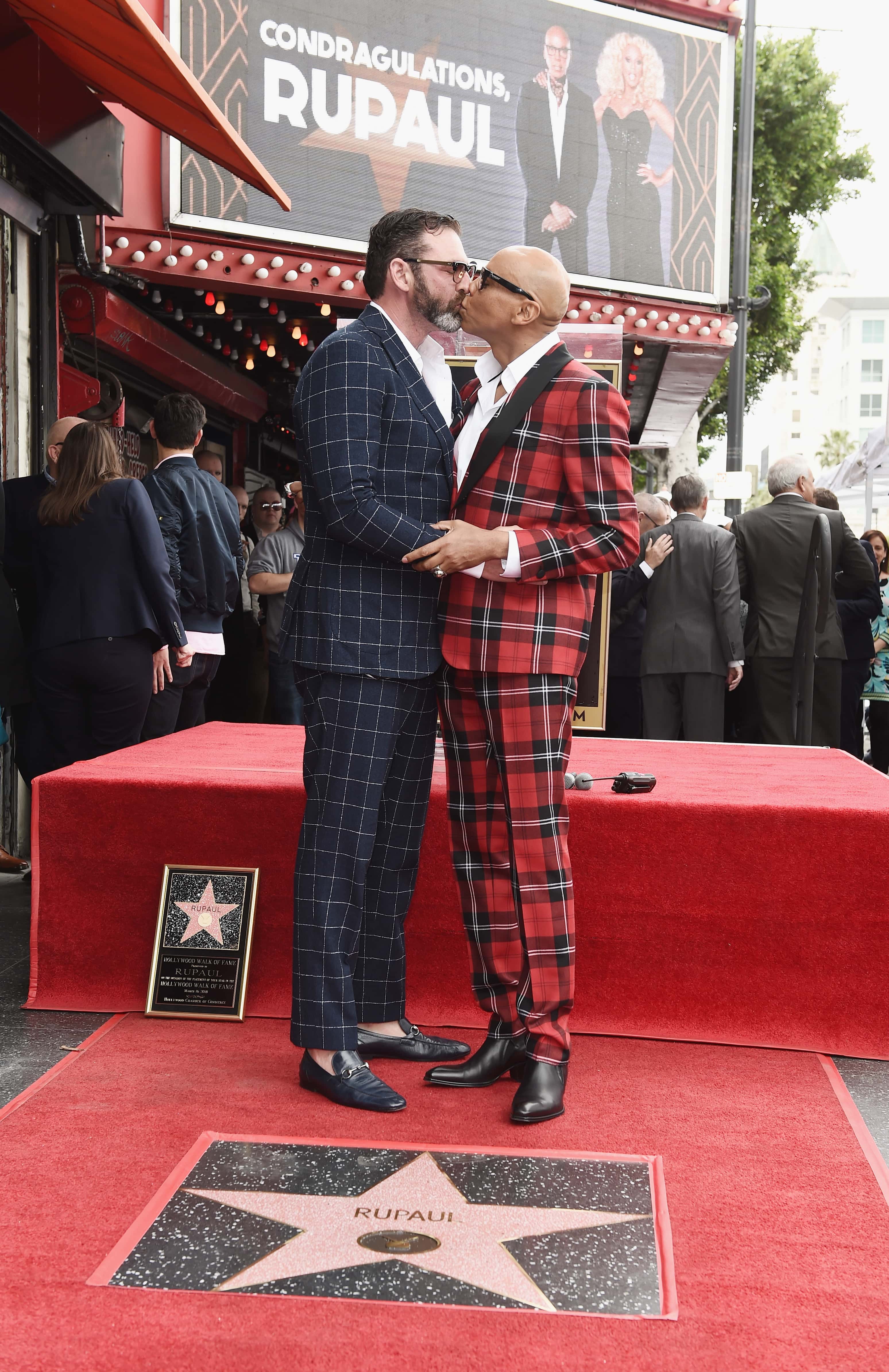 HOLLYWOOD, CA - MARCH 16:  Drag queen RuPaul (R) and his husband Georges LeBar attend RuPaul's star 