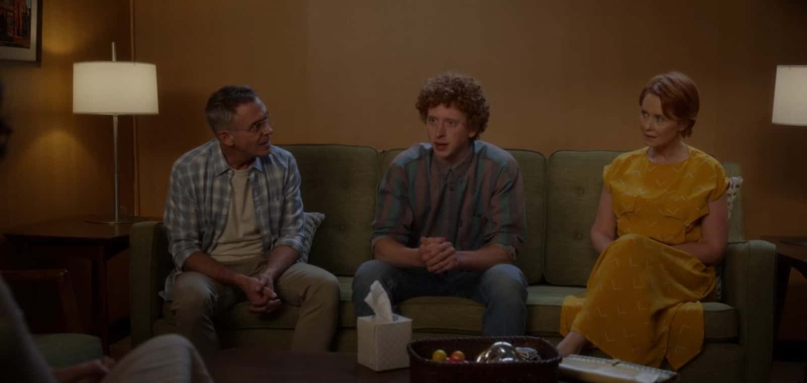 A still from 'And Just Like That' starring Cynthia Nixon as Miranda, David Eigenberg as Steve, and Niall Cunningham as Brady (HBO)
