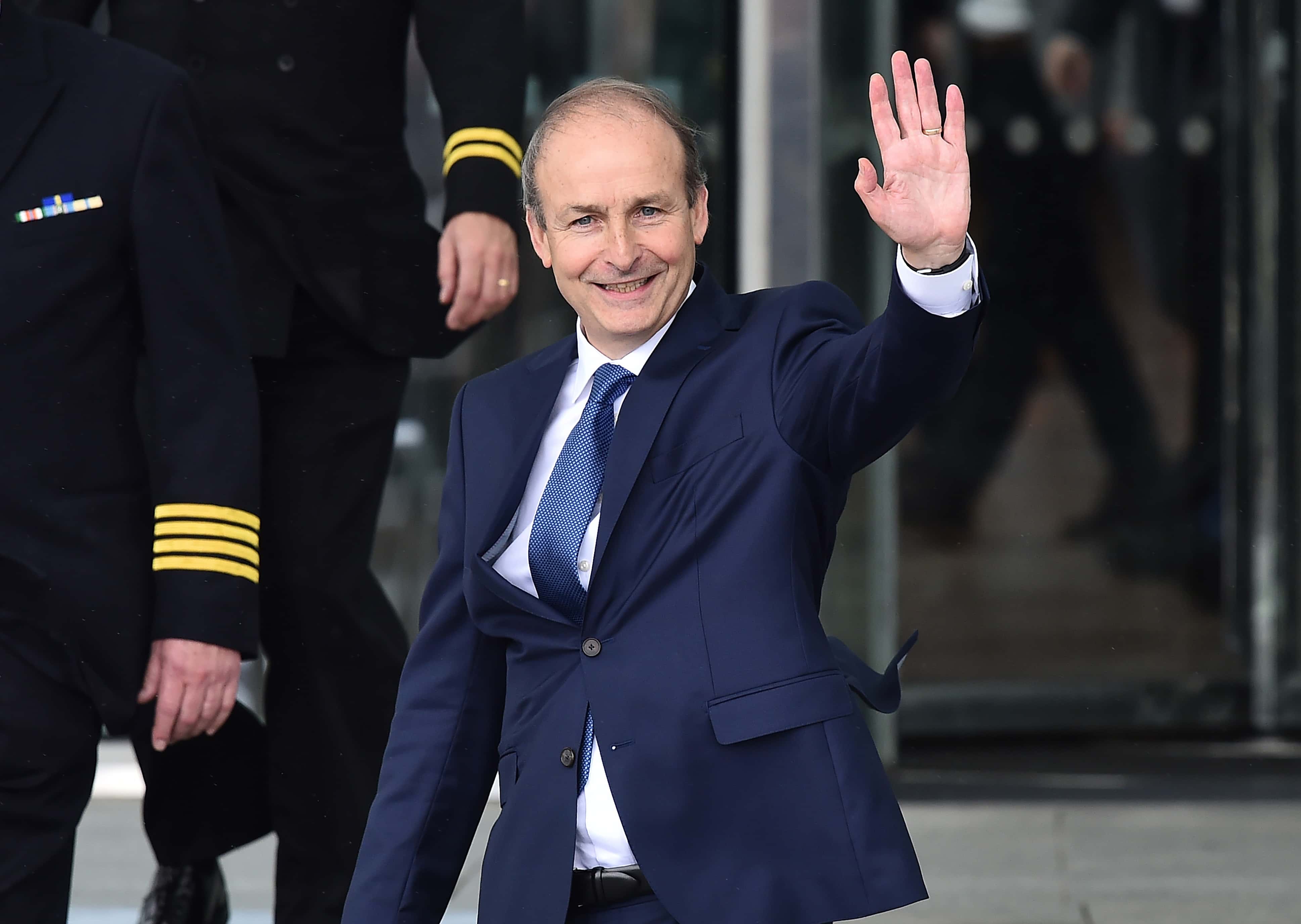 Fianna Fail leader Micheal Martin waves to the gathered media after being elected Taoiseach at the Convention Centre on June 27, 2020 in Dublin, Ireland. Following coalition talks between members of Fianna Fáil, Fine Gael and the Green Party a programme for government, paving the way for a historic coalition has been agreed. Voters went to the polls in a general election in February but no party received a majority, Sinn Fein received the largest share of the vote. The Fianna Fail and Fianna Gael parties needed the support of the Green party to have a working majority in the Irish parliament. Micheal Martin will be Taoiseach for two years followed by Leo Varadkar who will then once again take up the role of Taoiseach.
