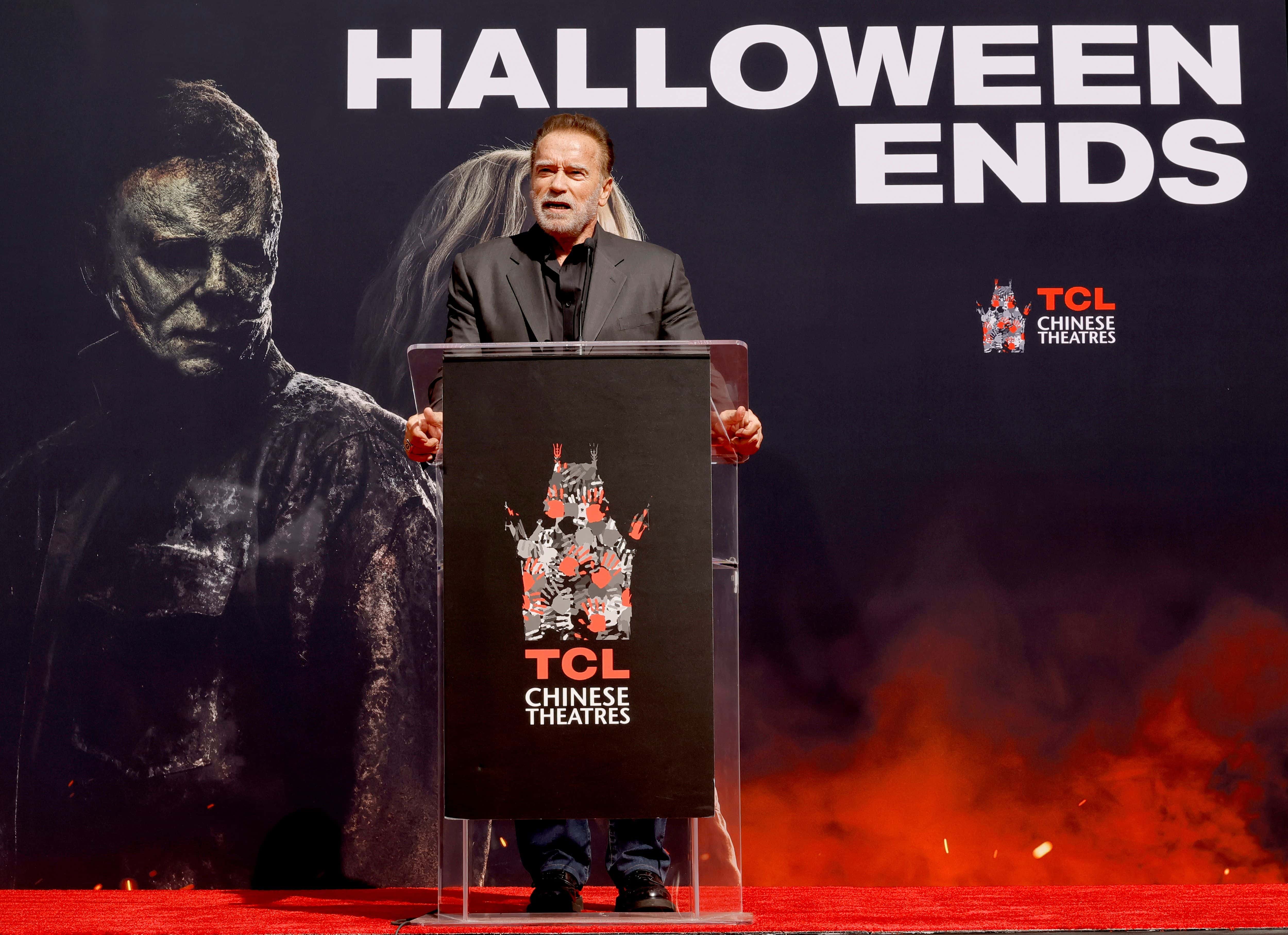 Arnold Schwarzenegger attends the Jamie Lee Curtis Hand and Footprint In Cement Ceremony at TCL Chinese Theatre on October 12, 2022, in Hollywood, California. (Photo by Kevin Winter/Getty Images)