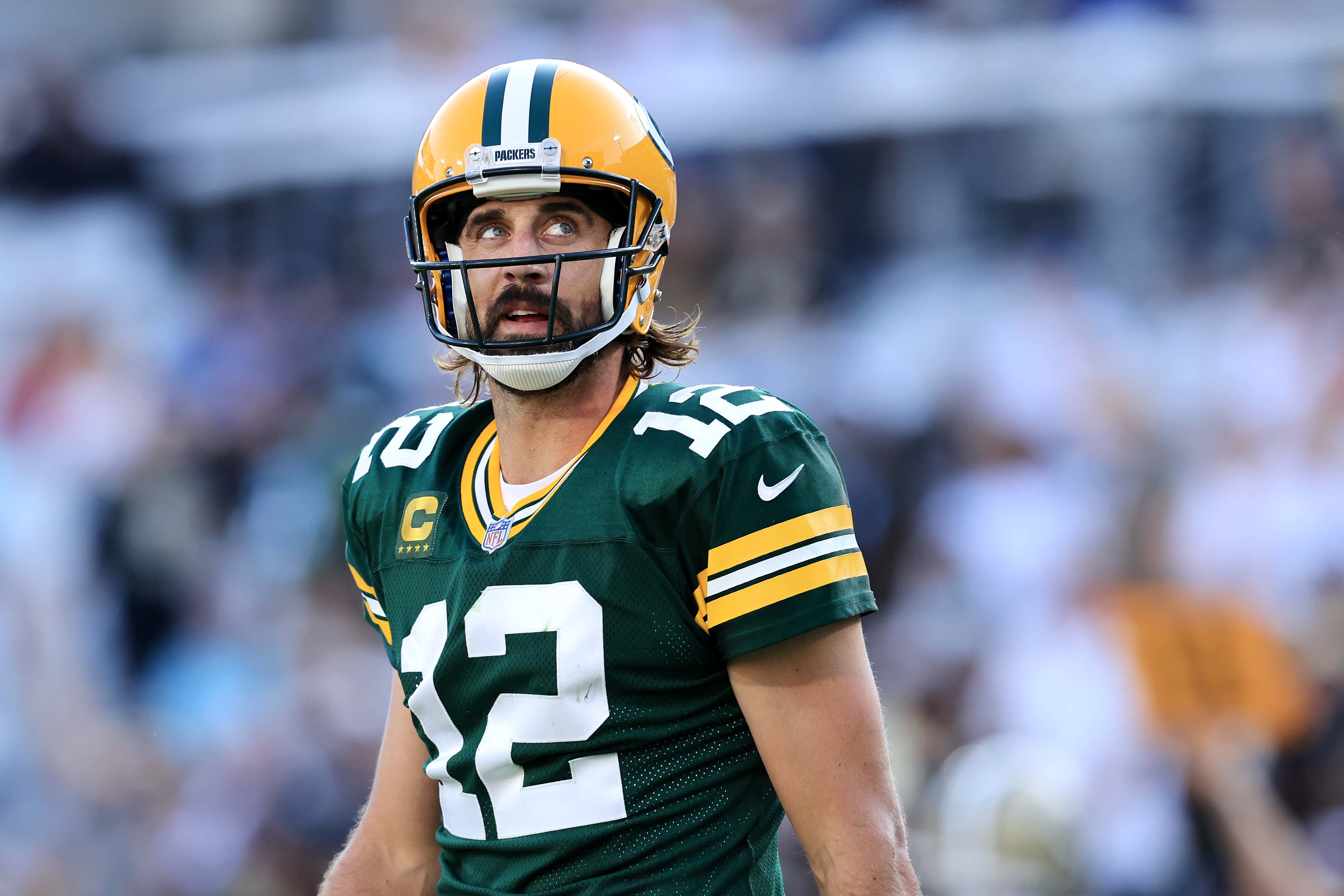 JACKSONVILLE, FLORIDA - SEPTEMBER 12: Aaron Rodgers #12 of the Green Bay Packers reacts against the 