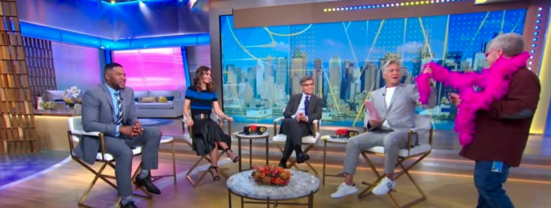 Sam Champion, Micheal Strahan and crew member Gary on Good Morning America (ABC)