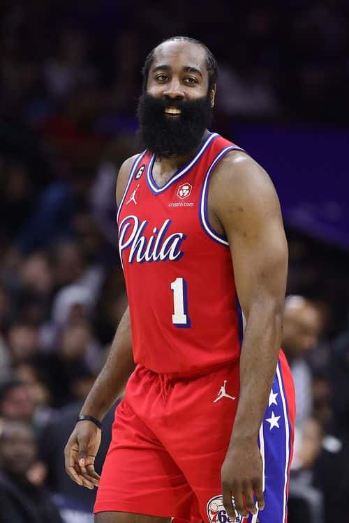 James Harden #1 of the Philadelphia 76ers reacts during the third quarter against the Chicago Bulls at Wells Fargo Center on January 06, 2023 in Philadelphia, Pennsylvania. NOTE TO USER: User expressly acknowledges and agrees that, by downloading and or using this photograph, User is consenting to the terms and conditions of the Getty Images License Agreement.
