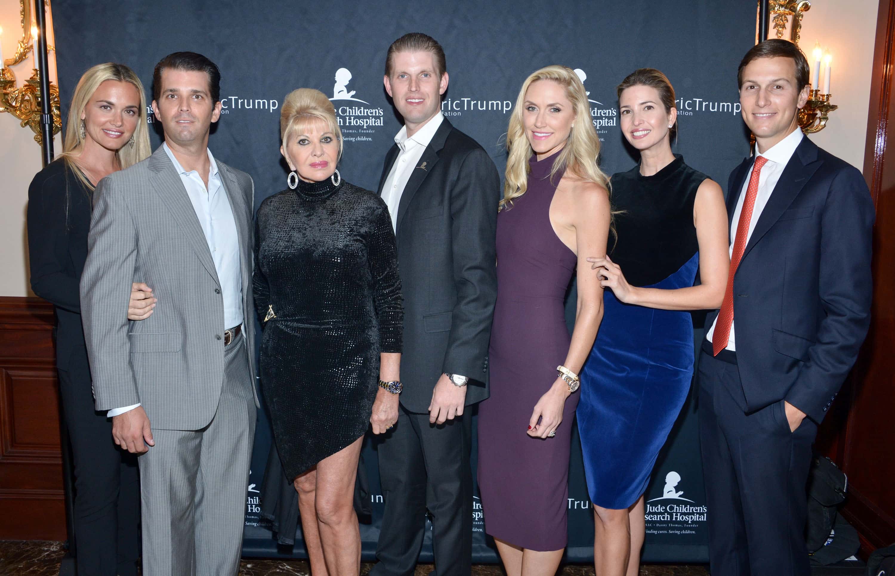 (L-R) Vanessa Trump, Donald Trump Jr., Ivana Trump, Eric Trump, Lara Trump, Ivanka Trump and Jared Kushner attend the 9th Annual Eric Trump Foundation Golf Invitational Auction & Dinner at Trump National Golf Club Westchester on September 21, 2015 in Briarcliff Manor, New York. (Photo by Grant Lamos IV/Getty Images)