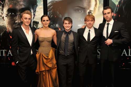 (L-R) Tom Felton, Emma Watson, Daniel Radcliffe, Rupert Grint and Matthew Lewis attend the New York premiere of