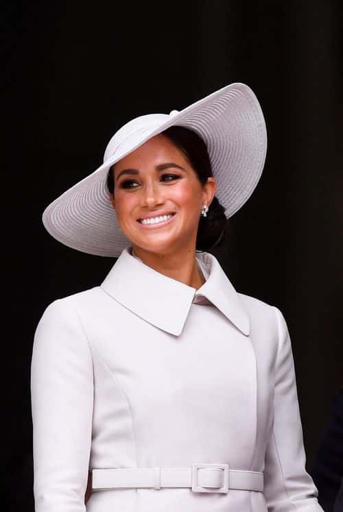 Meghan, Duchess of Sussex, leaves after attending the National Service of Thanksgiving at St Paul's Cathedral during the Queen's Platinum Jubilee celebrations on June 3, 2022 in London, England. The Platinum Jubilee of Elizabeth II is being celebrated from June 2 to June 5, 2022, in the UK and Commonwealth to mark the 70th anniversary of the accession of Queen Elizabeth II on 6 February 1952.