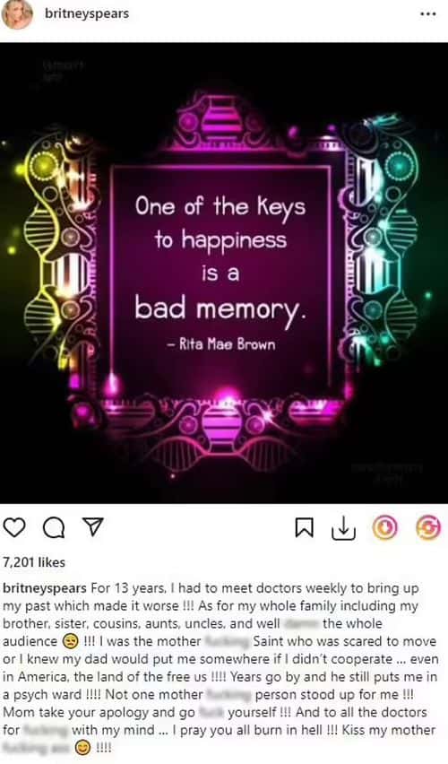 Britney Spears lashed out at her mother and whole family in an earlier post ( Britney Spears/ Instagram)