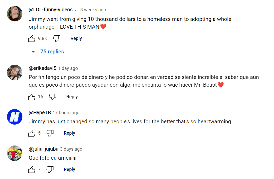 A screenshot of some comments on the video (@BeastPhilanthropy/Youtube)