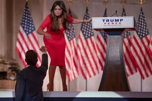 Donald Trump Jr. fist bumps his girlfriend Kimberly Guilfoyle after they pre-recorded their addresses to the Republican National Convention at the Mellon Auditorium on August 24, 2020 in Washington, DC. The novel coronavirus pandemic has forced the Republican Party to move away from an in-person convention to a televised format, similar to the Democratic Party's convention a week earlier. (Photo by Chip Somodevilla/Getty Images)