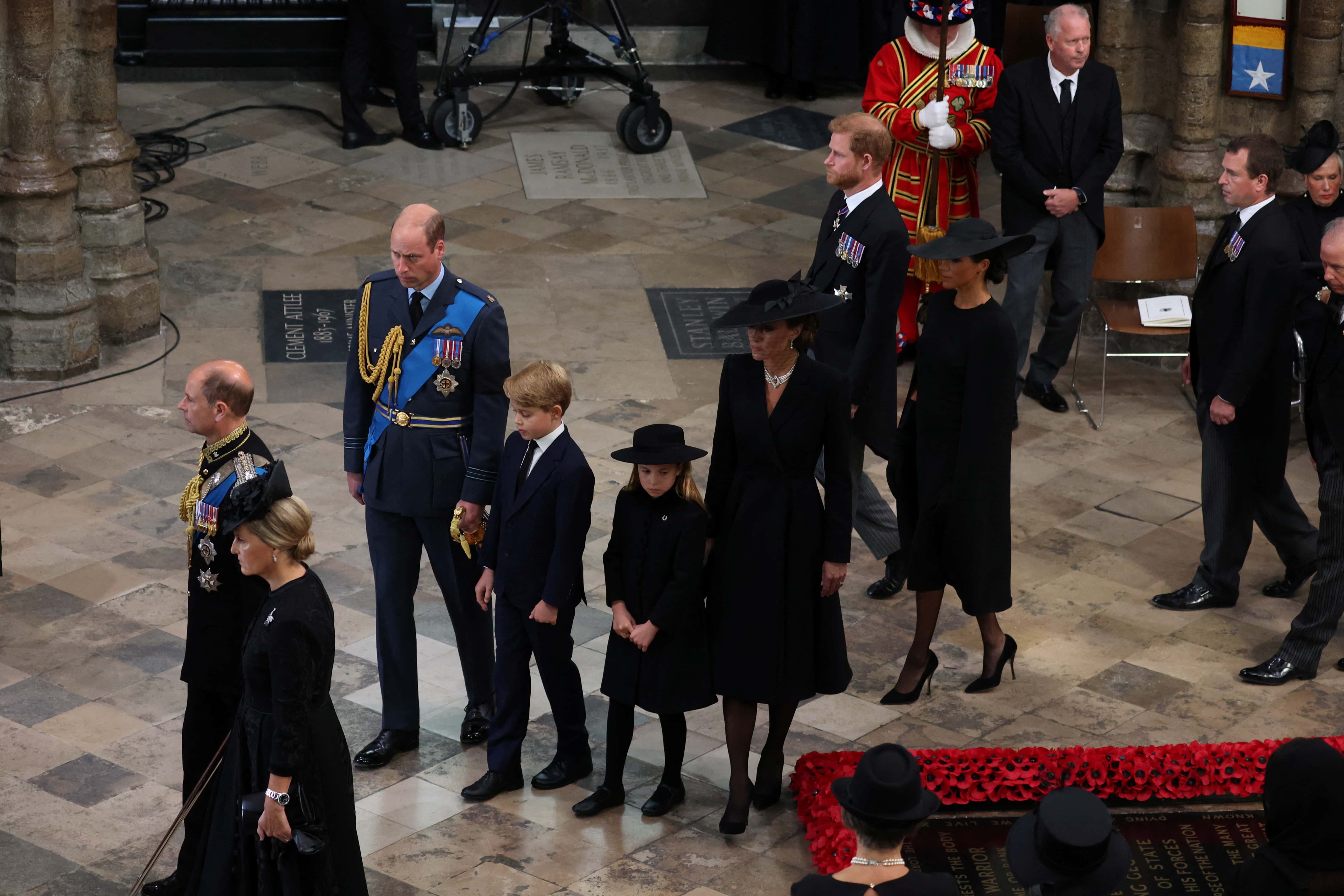 Prince Edward, Earl of Wessex, Sophie, Countess of Wessexm Prince William, Prince of Wales, Prince George of Wales, Princess Charlotte of Wales, Catherine, Princess of Wales, Prince Harry, Duke of Sussex and Meghan, Duchess of Sussex follow the coffin of Queen Elizabeth II as it is carried into Westminster Abbey during the State Funeral on September 19, 2022 in London, England.  Elizabeth Alexandra Mary Windsor was born in Bruton Street, Mayfair, London on 21 April 1926. She married Prince Philip in 1947 and ascended the throne of the United Kingdom and Commonwealth on 6 February 1952 after the death of her Father, King George VI. Queen Elizabeth II died at Balmoral Castle in Scotland on September 8, 2022, and is succeeded by her eldest son, King Charles III.
