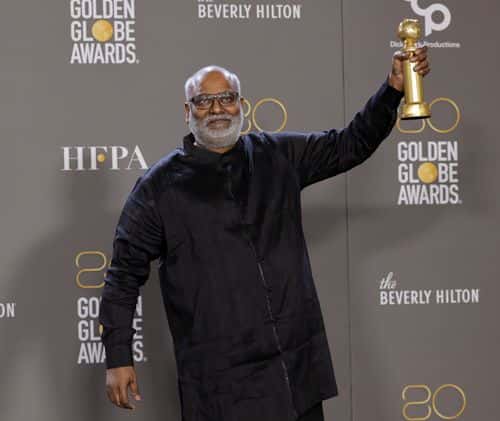 M. M. Keeravani poses with the Best Original Song award for
