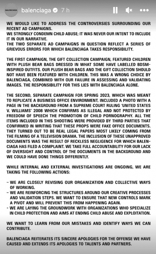 Balenciaga issued an official statement on Monday, November 28, addressing the controversial campaigns and taking the blame. (Instagram/balenciaga)
