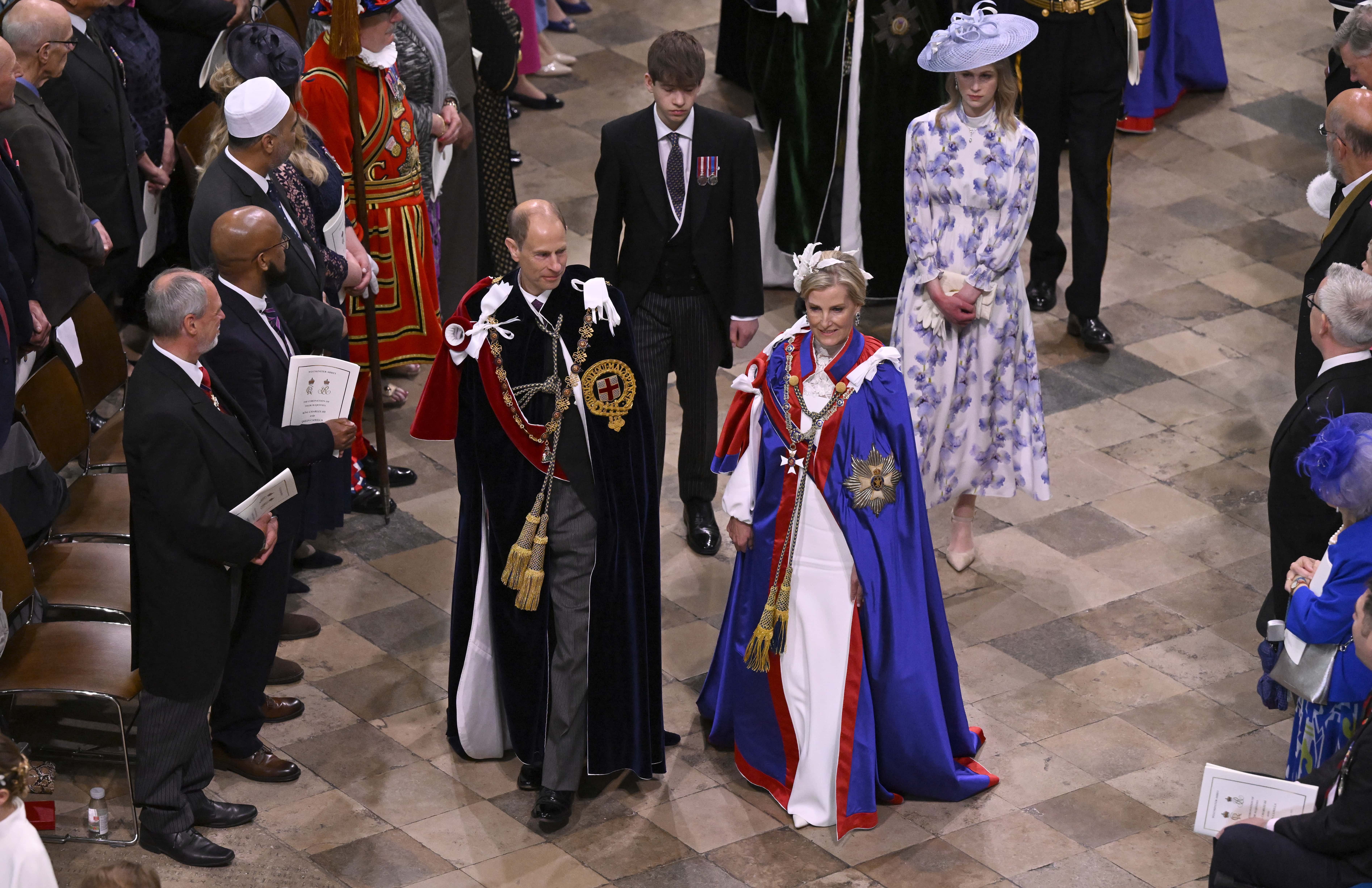 LONDON, ENGLAND - MAY 06: (L-R) Lady Louise Windsor, Sophie, Duchess of Edinburgh and James, Earl of Wessex attend the Coronation of King Charles III and Queen Camilla on May 06, 2023 in London, England. The Coronation of Charles III and his wife, Camilla, as King and Queen of the United Kingdom of Great Britain and Northern Ireland, and the other Commonwealth realms takes place at Westminster Abbey today. Charles acceded to the throne on 8 September 2022, upon the death of his mother, Elizabeth II. (Stuart C. Wilson/Getty Images)