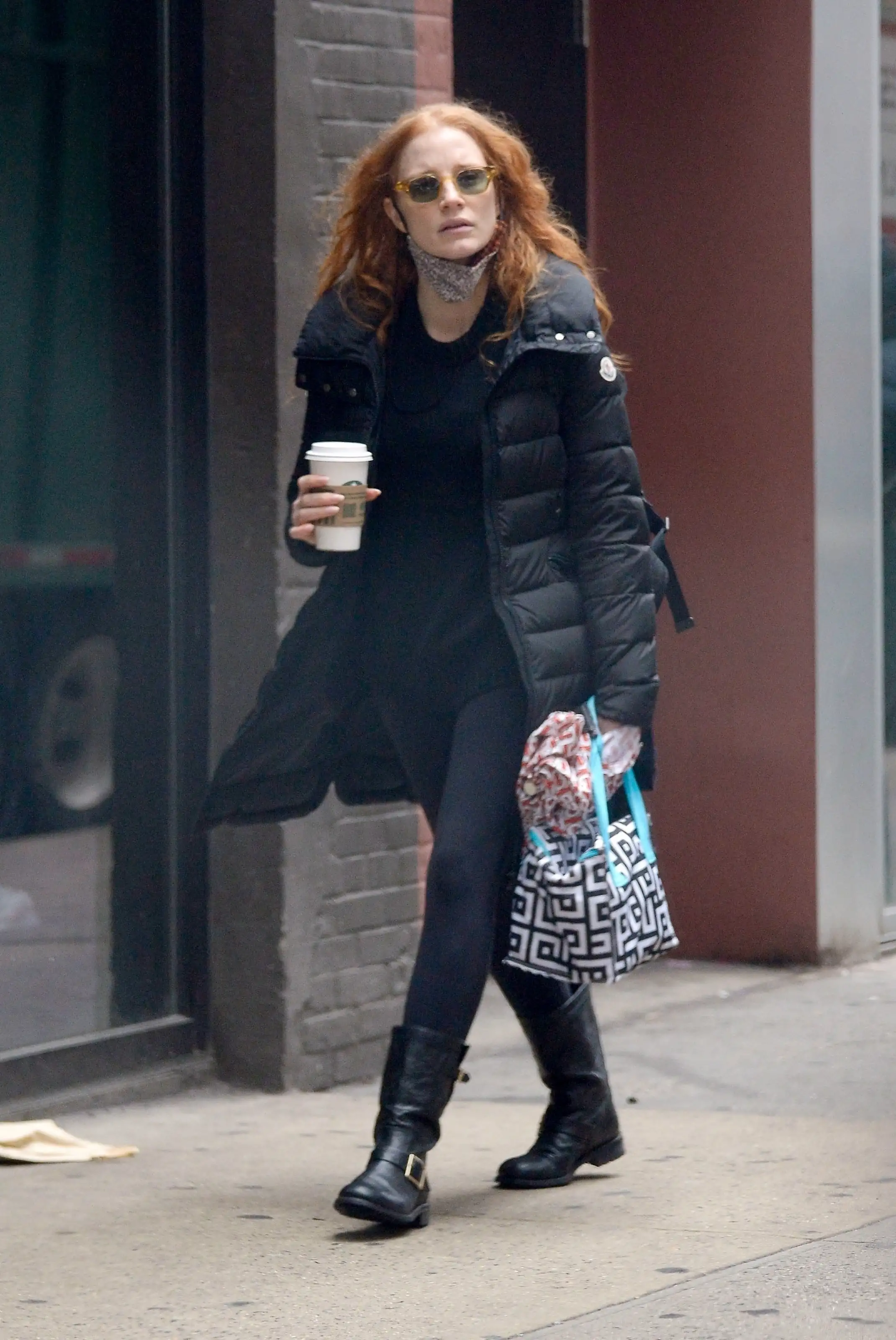Jessica Chastain stayed warm while heading out to get some coffee in New York City on Wednesday afternoon (backgrid)