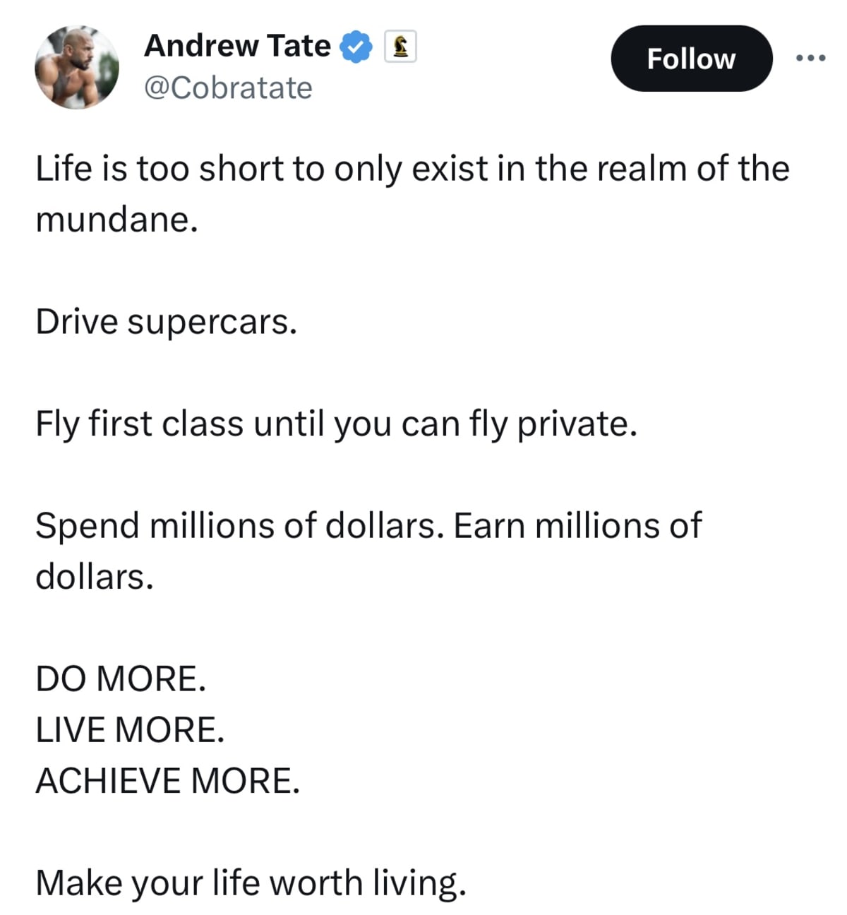 Andrew Tate's Tweet on life (@cobratate/Twitter)