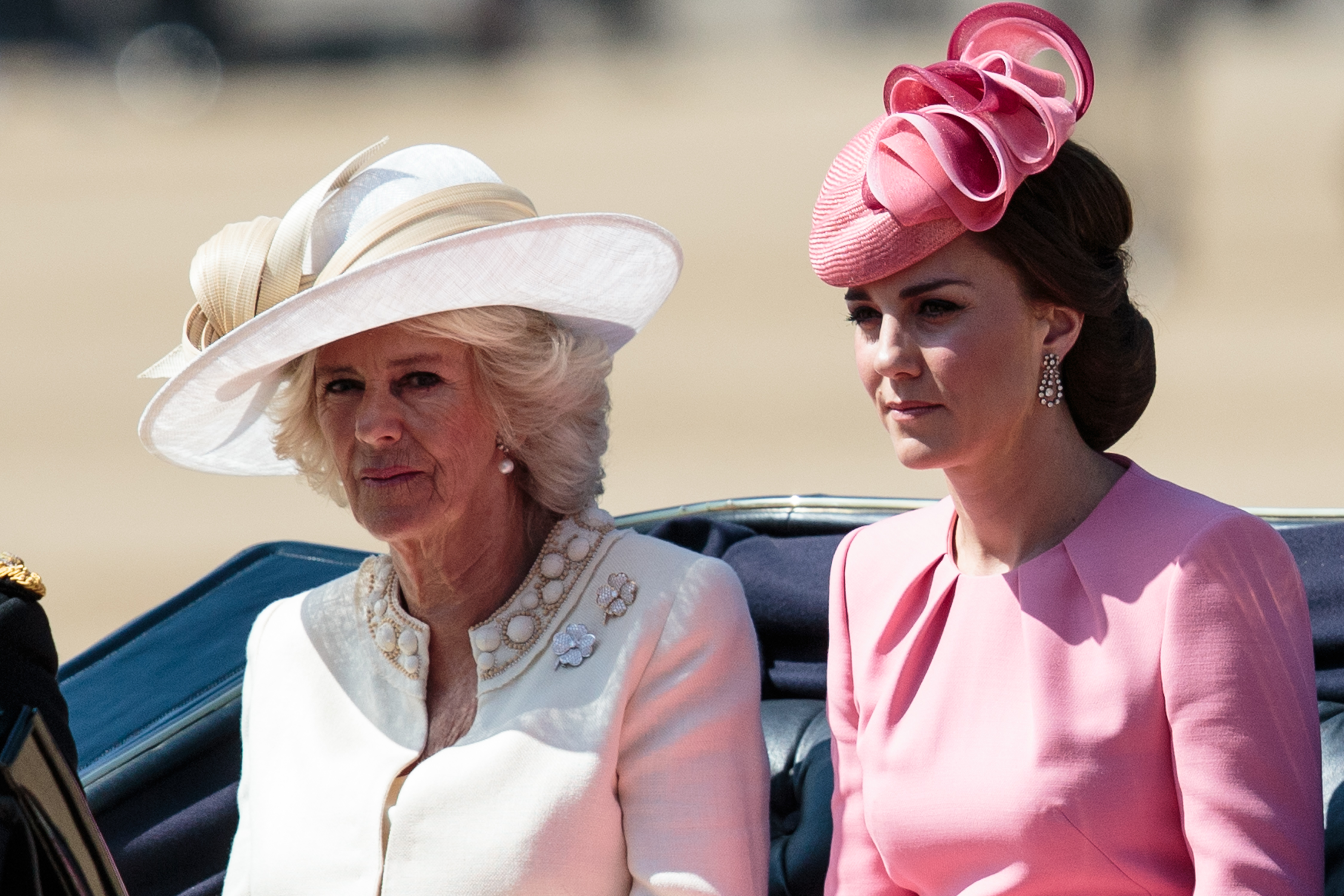 Camilla, Duchess of Cornwall (L) and the Catherine, Duchess of Cambridge (R) arrive at Horse Guards Parade for the annual Trooping The Colour parade on June 17, 2017 in London, England. The annual ceremony is Queen Elizabeth II's birthday parade and dates back to the 17th Century when the Colours of a regiment were used as a rallying point in battle.
