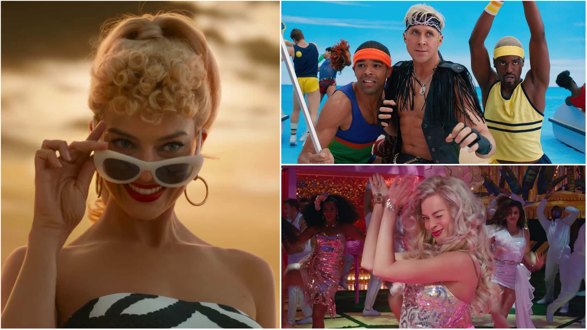 Margot Robbie, Ryan Gosling, Ncuti Gatwa, and Kingsley Ben-Adir in stills from 'Barbie' teaser (Warner Bros)