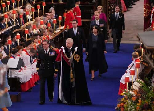 The Duke of York (centre), Princess Eugenie and Jack Brooksbank , the Duke of Sussex, Princess Beatrice and Edoardo Mapelli Mozzi  attend the Coronation of King Charles III and Queen Camilla on May 6, 2023 in London, England. The Coronation of Charles III and his wife, Camilla, as King and Queen of the United Kingdom of Great Britain and Northern Ireland, and the other Commonwealth realms takes place at Westminster Abbey today. Charles acceded to the throne on 8 September 2022, upon the death of his mother, Elizabeth II.