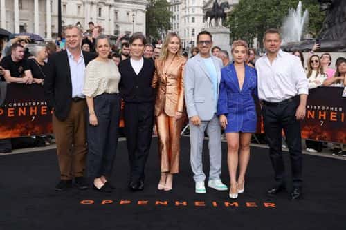 (L-R) Christopher Nolan, Emma Thomas, Cillian Murphy, Emily Blunt, Robert Downey Jr., Florence Pugh and Matt Damon attend the London Photocall for Universal Pictures' 