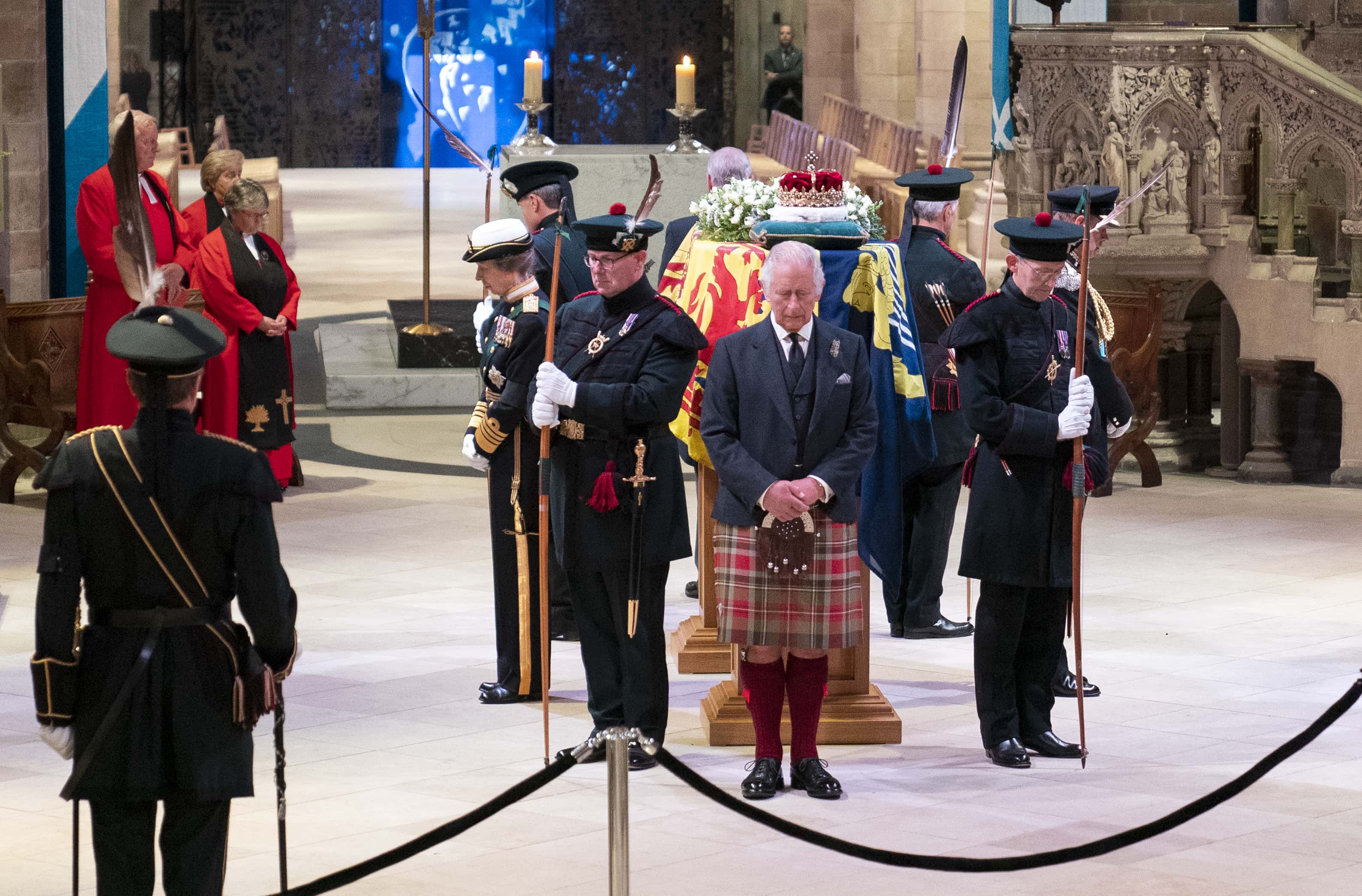 King Charles III, Prince Edward, Duke of Wessex, Princess Anne, Princes Royal and Prince Andrew, Duke of York hold a vigil at St Giles' Cathedral, in honour of Queen Elizabeth II as members of the public walk past on September 12, 2022 in Edinburgh, Scotland. The Queen’s four children attend to stand vigil over her coffin where it lies in rest for 24 hours before being transferred by air to London. (Photo by Jane Barlow - WPA Pool/Getty Images)