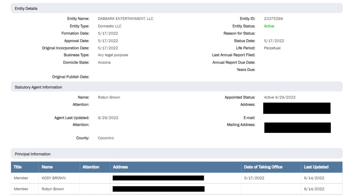 Kody registered a new LLC and named it after his only remaining wife, Robyn Brown, and her kids (Arizona Corporation Commission)