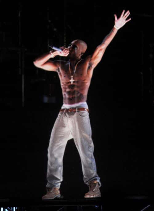 A holographic image of Tupac Shakur is seen performing during day 3 of the 2012 Coachella Valley Music & Arts Festival at the Empire Polo Field on April 15, 2012 in Indio, California.