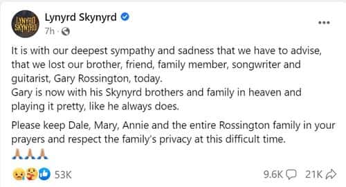 Lynryd Skynryd took to facebook to announce the death of their last surviving original member Gary Rossington, 71 (@Lynryd Skynryd/Facebook)