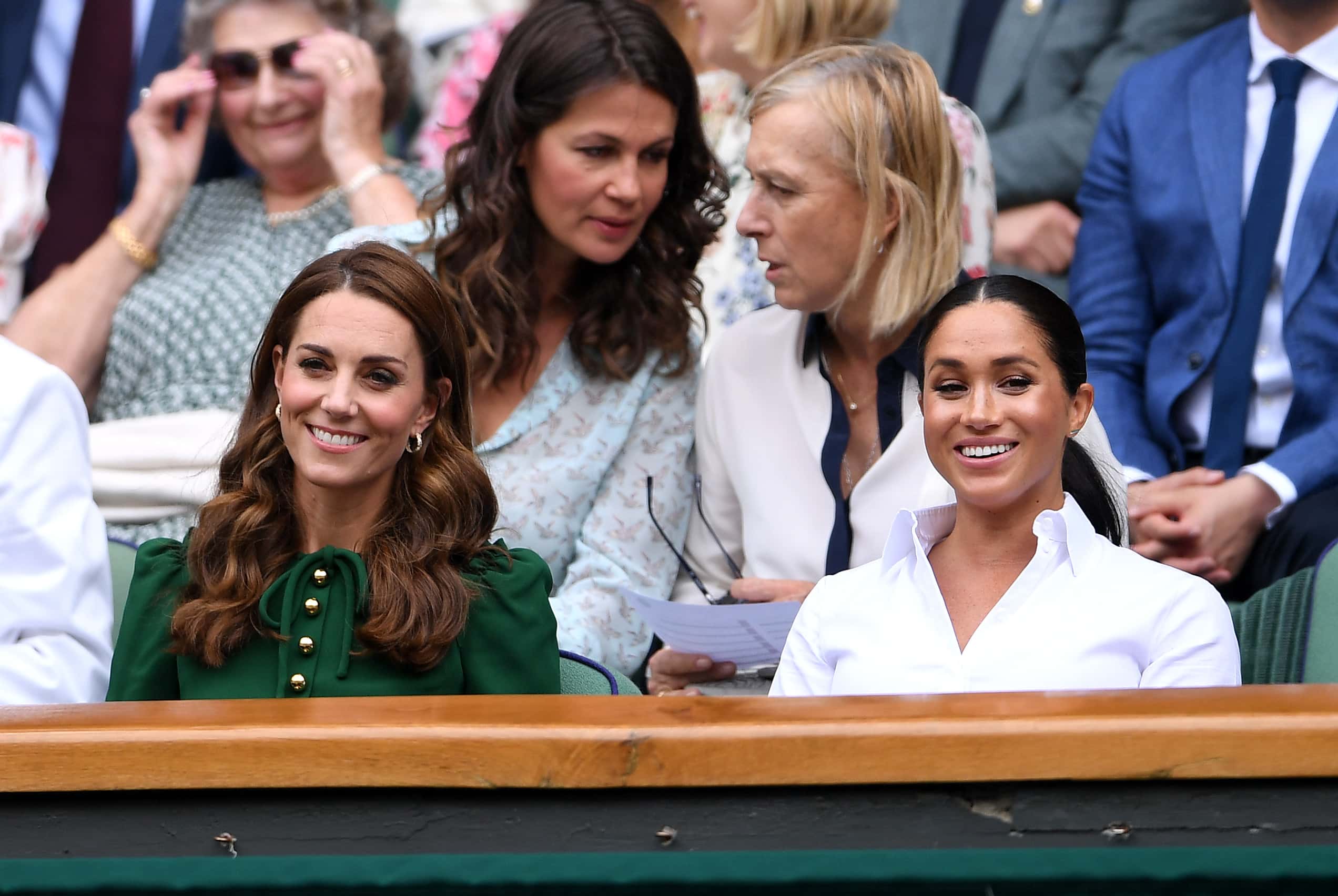 Catherine, Duchess of Cambridge and Meghan, Duchess of Sussex attend the Royal Box during Day twelve of The Championships - Wimbledon 2019 at All England Lawn Tennis and Croquet Club on July 13, 2019 in London, England.