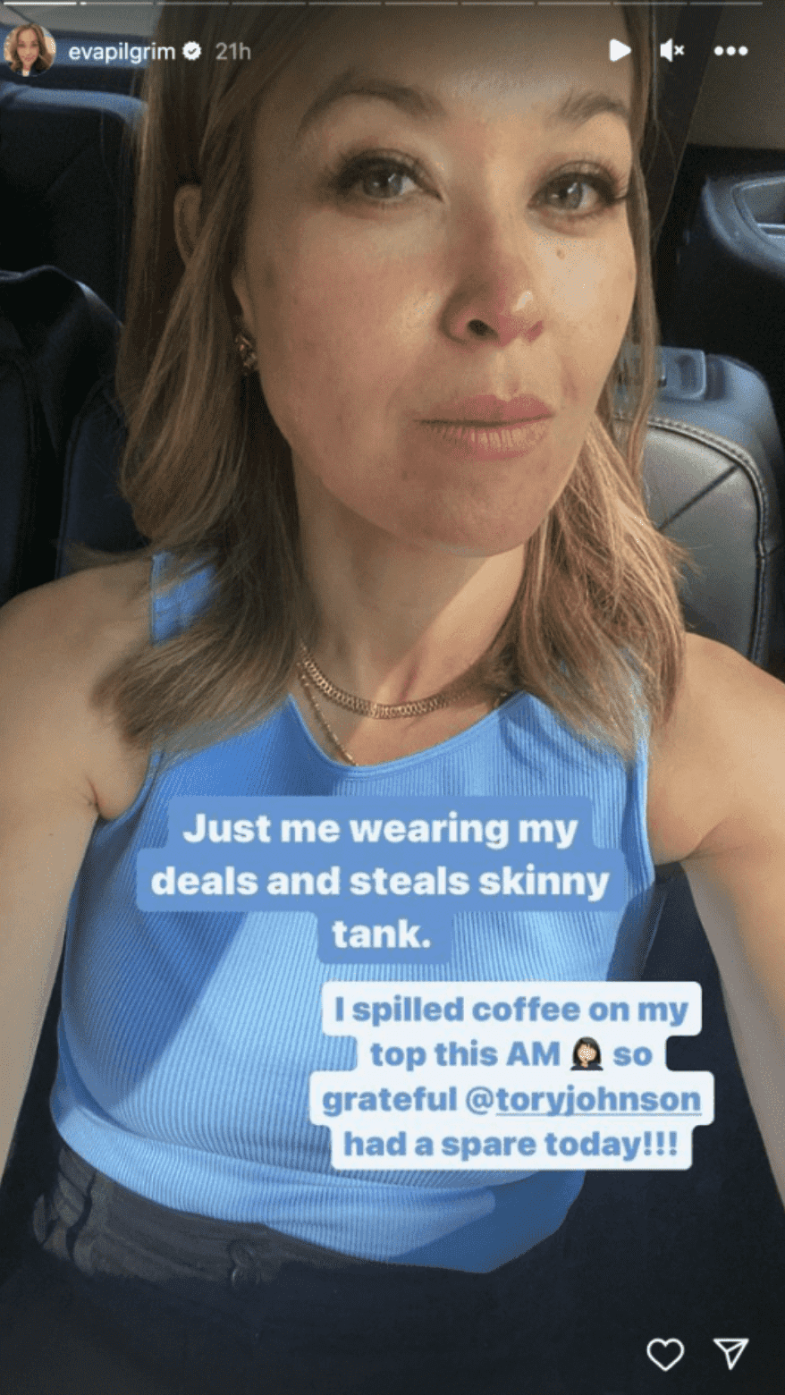 Eva Pilgrim borrowed a tank top from Tory Johnson to avoid wardrobe malfunction (@evapilgrim/Instagram)