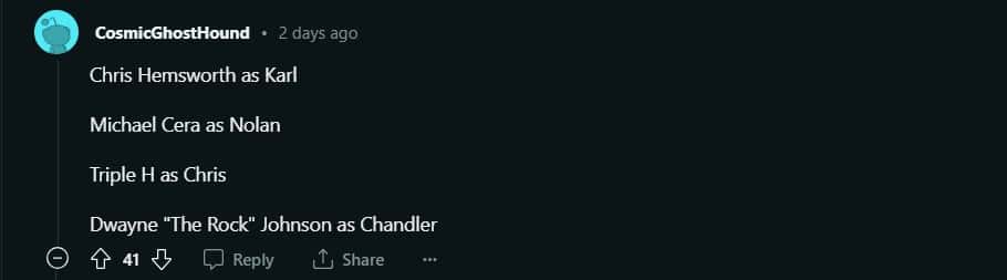 A user CosmicGhostHound gave his preference for the rest of the cast (r/MrBeast/Reddit)