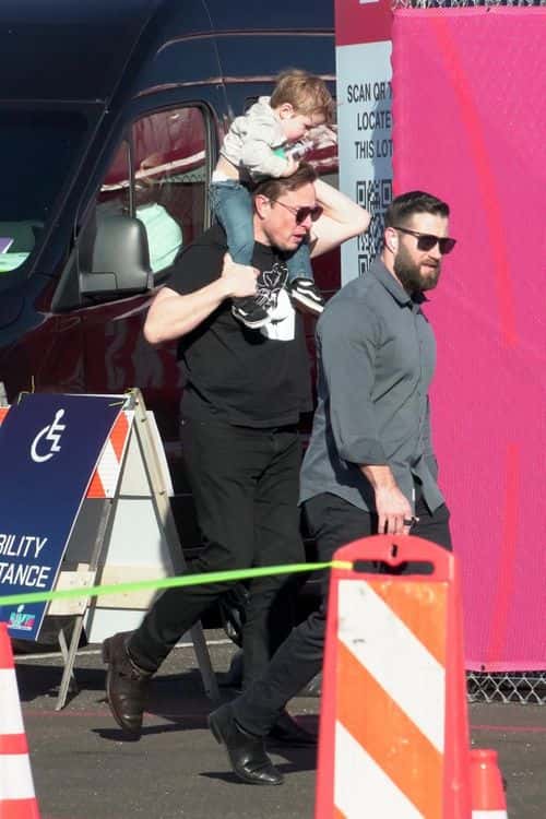Elon Musk with son at the Super Bowl. (Backgrid)